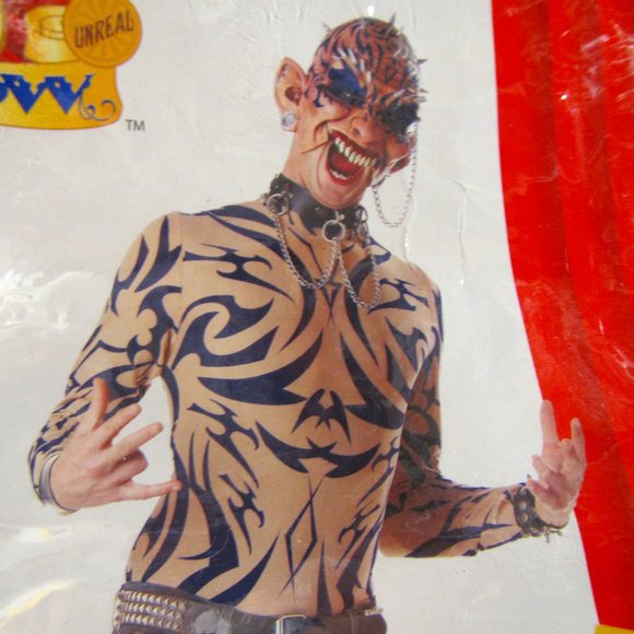 TATTOO FREAK Halloween Adult Costume Half Rubber Mask w/ Chains & Shirt, Large - Picture 1 of 6